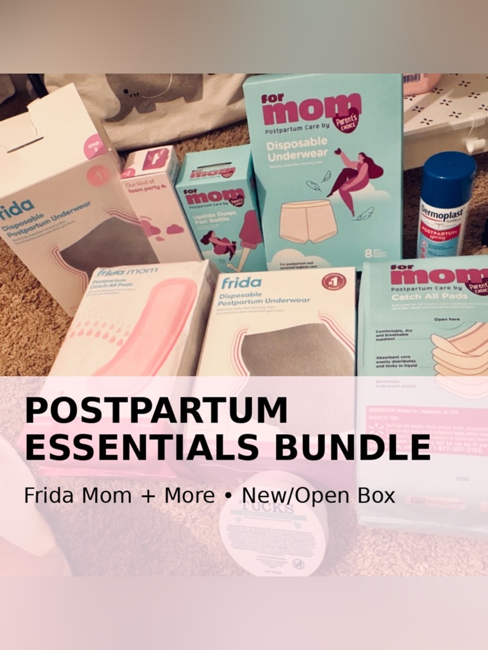 Postpartum Care Bundle – Frida Mom, Tucks, Dermoplast + More – New/Open Box